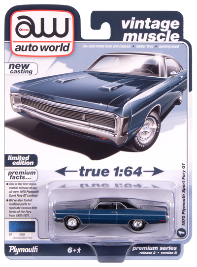 "PRE-ORDER" Auto World 1970 Plymouth Sport Fury (Jamaica Blue Poly) 1:64 Diecast (DUE OCTOBER 2025)