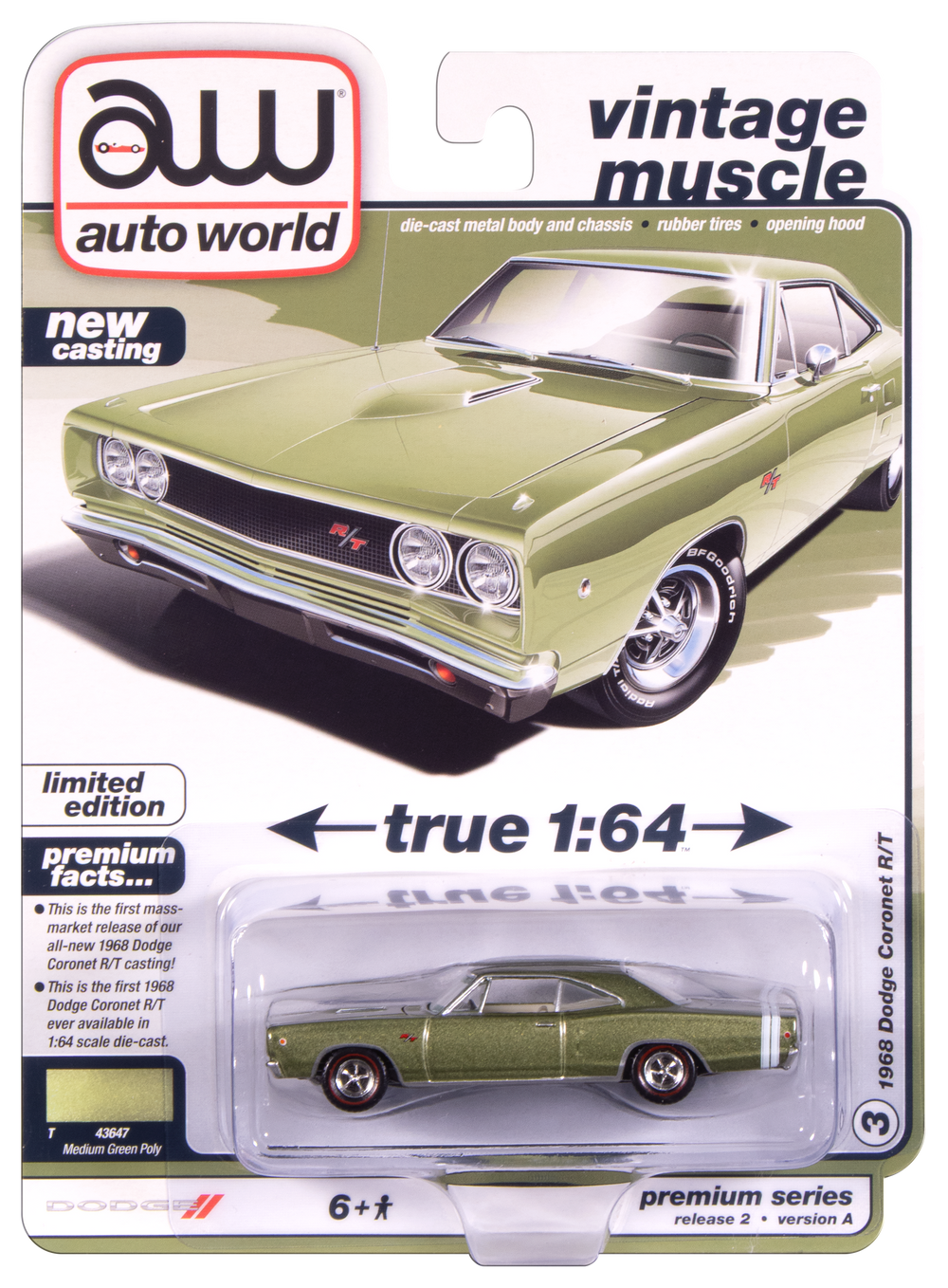 "PRE-ORDER" Auto World 1968 Dodge Coronet R/T Hardtop (Medium Green Poly) 1:64 Diecast (DUE OCTOBER 2025)