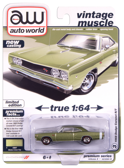 "PRE-ORDER" Auto World 1968 Dodge Coronet R/T Hardtop (Medium Green Poly) 1:64 Diecast (DUE OCTOBER 2025)