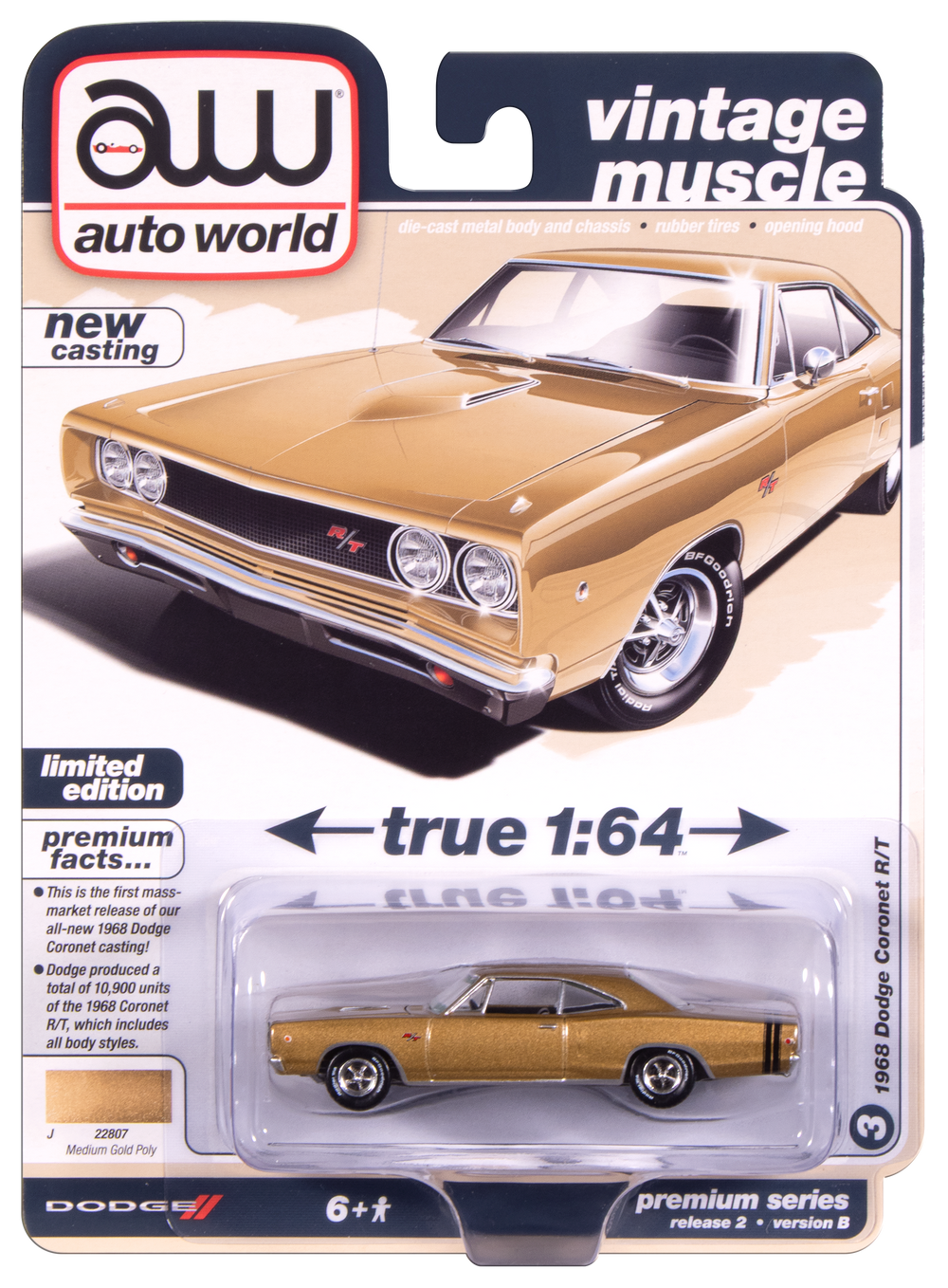 "PRE-ORDER" Auto World 1968 Dodge Coronet R/T Hardtop (Medium Gold Poly) 1:64 Diecast (DUE OCTOBER 2025)
