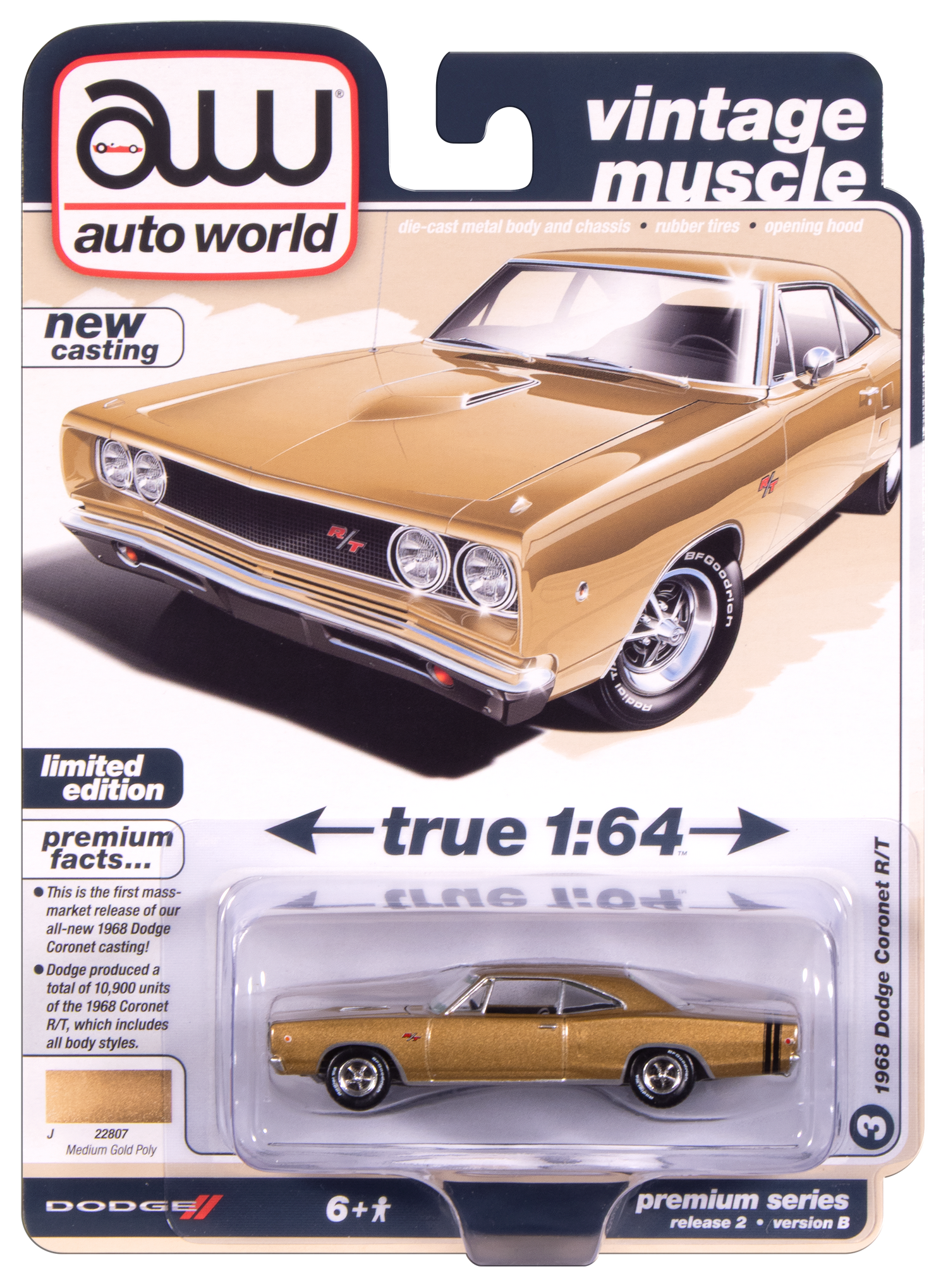 "PRE-ORDER" Auto World 1968 Dodge Coronet R/T Hardtop (Medium Gold Poly) 1:64 Diecast (DUE OCTOBER 2025)