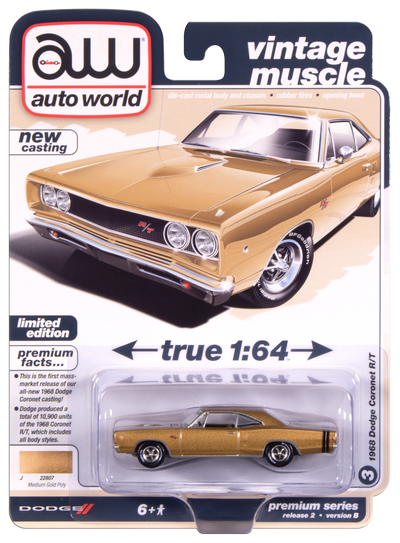 "PRE-ORDER" Auto World 1968 Dodge Coronet R/T Hardtop (Medium Gold Poly) 1:64 Diecast (DUE OCTOBER 2025)