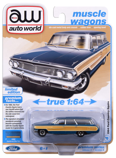 Auto World 1964 Ford Country Squire (Guardsman Blue w/Honey Colored Wood Trim) premium 2025 release 3 1:64 Diecast