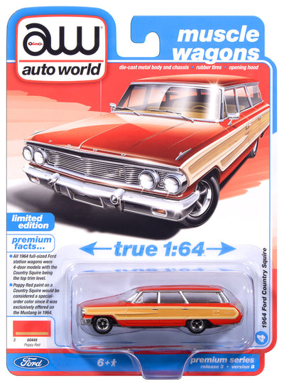 "PRE-ORDER" Auto World 1964 Ford Country Squire (Poppy Red w/Honey-Colored Wood Trim) 1:64 Diecast (DUE MARCH 2026)