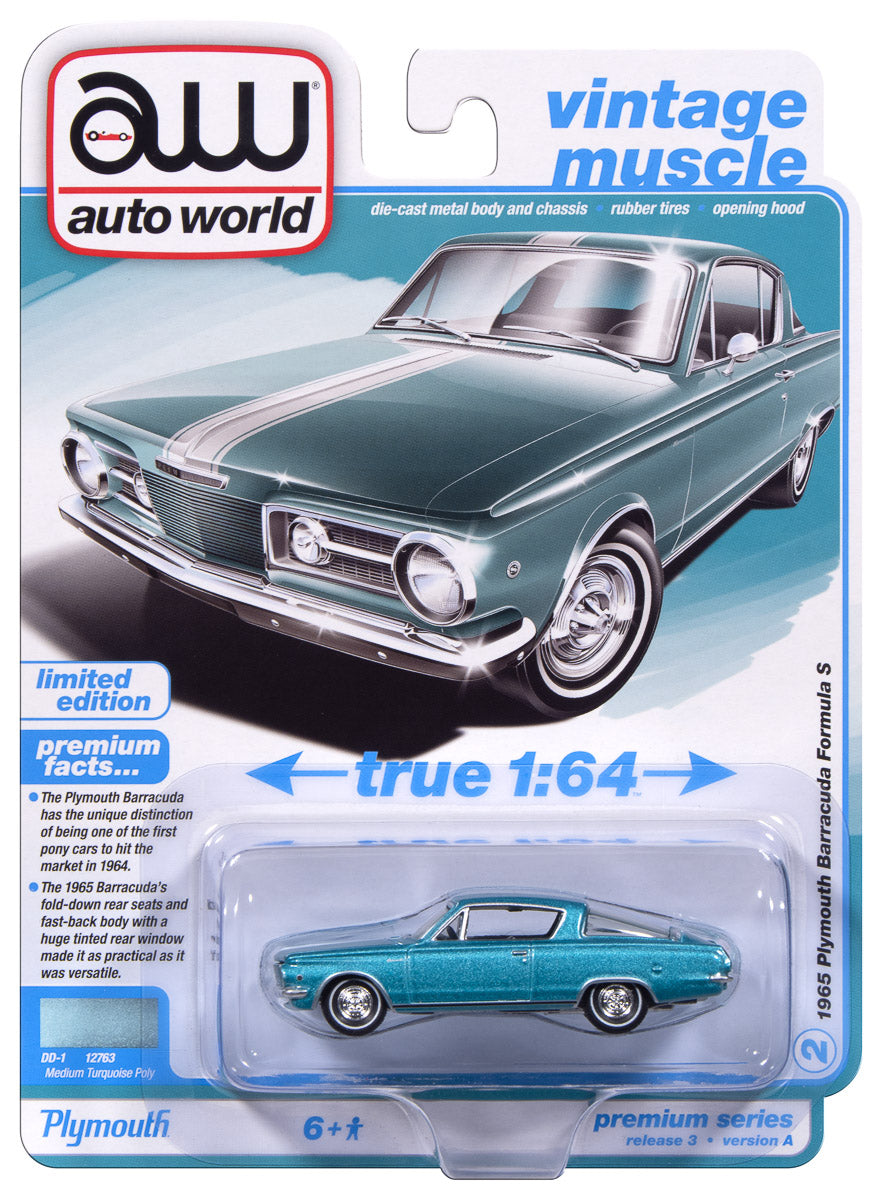 "PRE-ORDER" Auto World 1965 Plymouth Barracuda Formula S (Medium Turquoise Poly w/White Stripe) 1:64 Diecast (DUE MARCH 2026) - Auto World Store