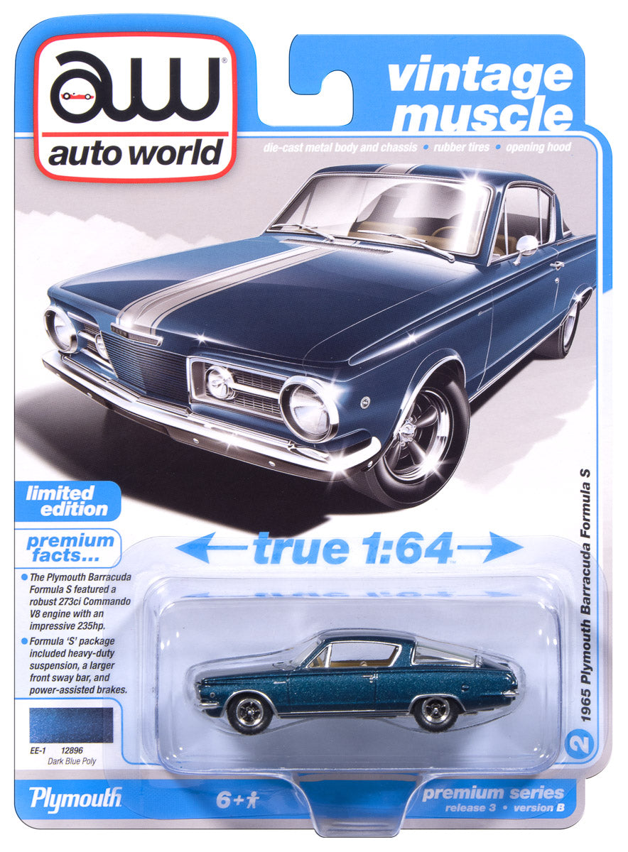 "PRE-ORDER" Auto World 1965 Plymouth Barracuda Formula S (Dark Blue Poly w/Silver Stripe) 1:64 Diecast (DUE MARCH 2026) - Auto World Store