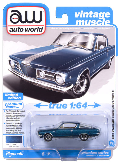 Auto World 1965 Plymouth Barracuda Formula S (Dark Blue Poly w/Silver Stripe) premium 2025 release 3 1:64 Diecast