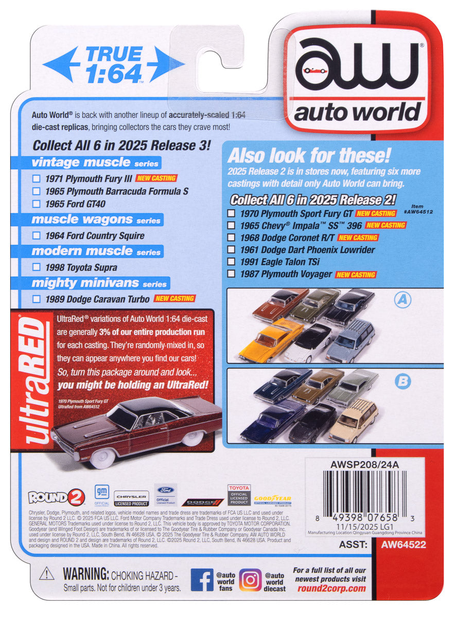 "PRE-ORDER" Auto World 1971 Plymouth Fury III (Bahama Yellow) 1:64 Diecast (DUE MARCH 2026) - Auto World Store