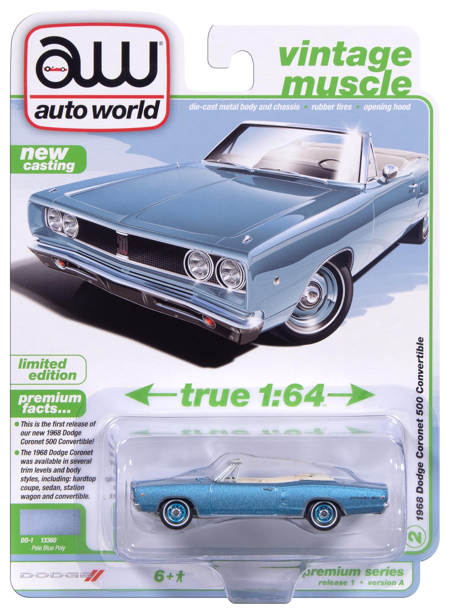 Auto World 1968 Dodge Coronet 500 Convertible (Pale Blue Poly) 1:64 Diecast
