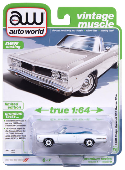 Auto World 1968 Dodge Coronet 500 Convertible (White) 1:64 Diecast