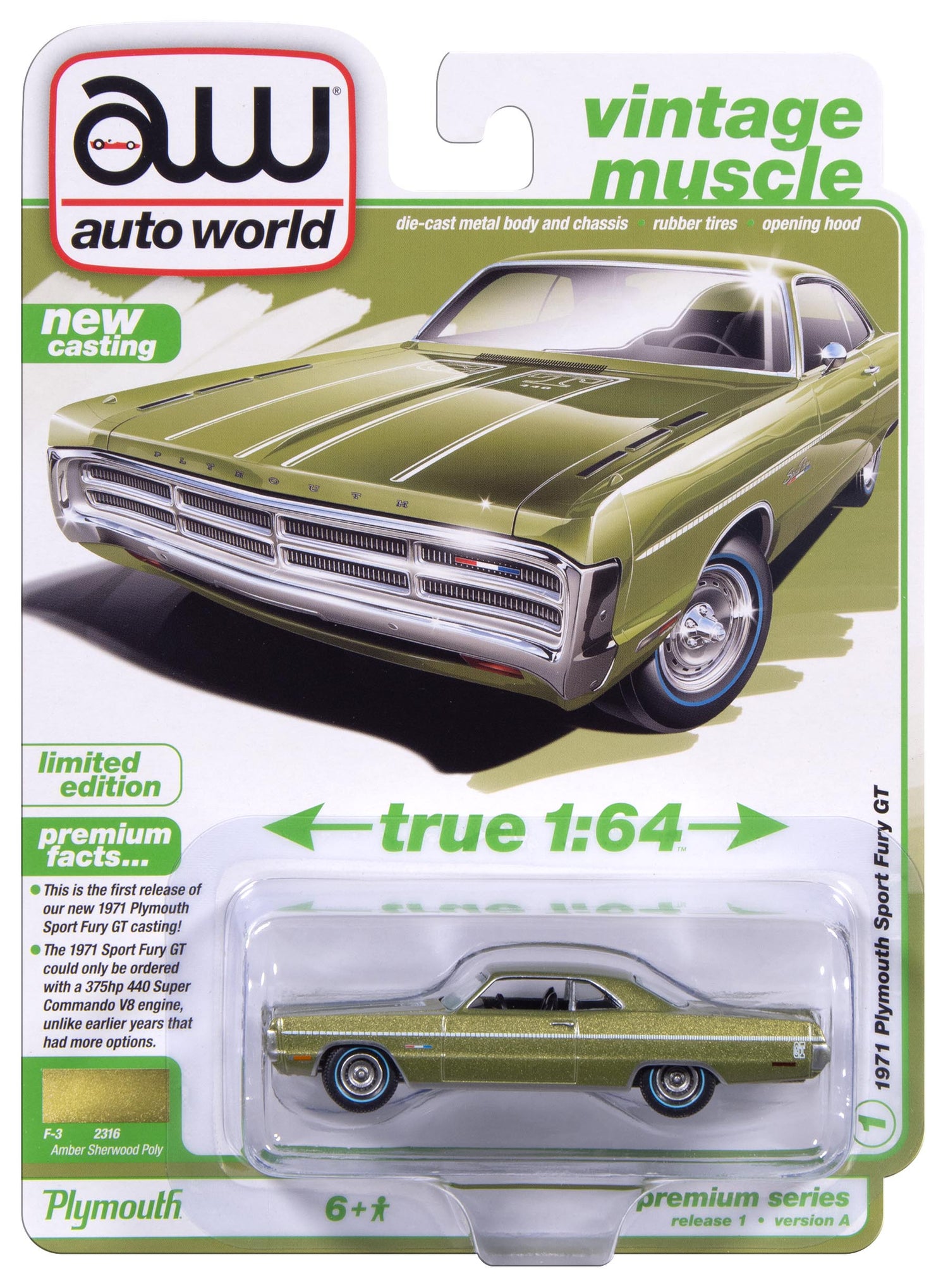 Auto World 1971 Plymouth Sport Fury GT (Amber Sherwood Poly) 1:64
