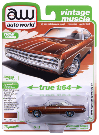 Auto World 1971 Plymouth Sport Fury GT (Autumn Bronze Poly) 1:64 Diecast