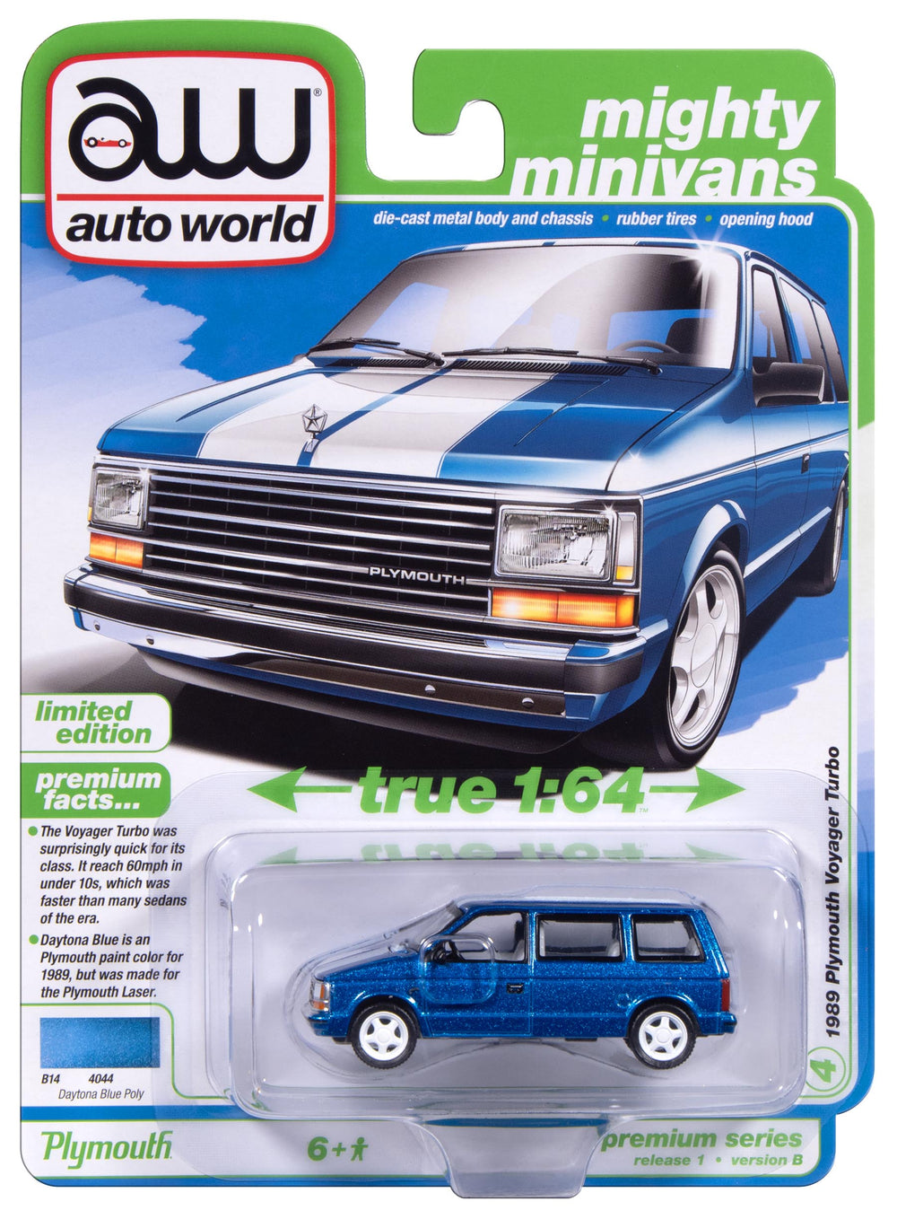 Auto World 1989 Plymouth Voyager Turbo (Daytona Blue) 1:64 Diecast
