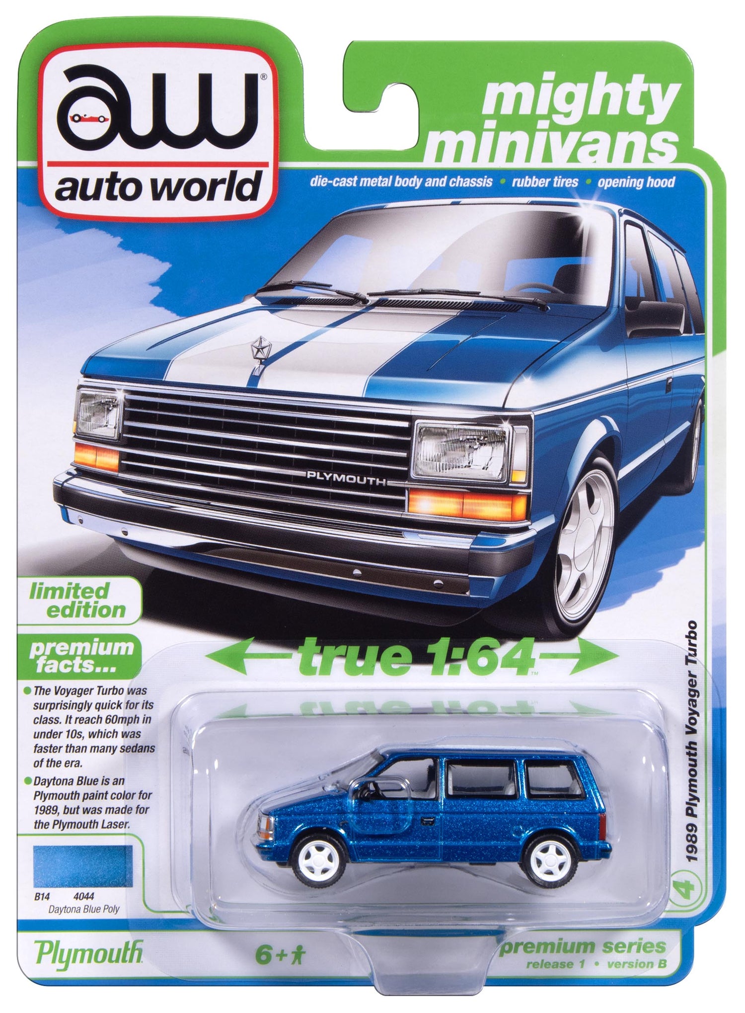 Auto World 1989 Plymouth Voyager Turbo (Daytona Blue) 1:64 Diecast