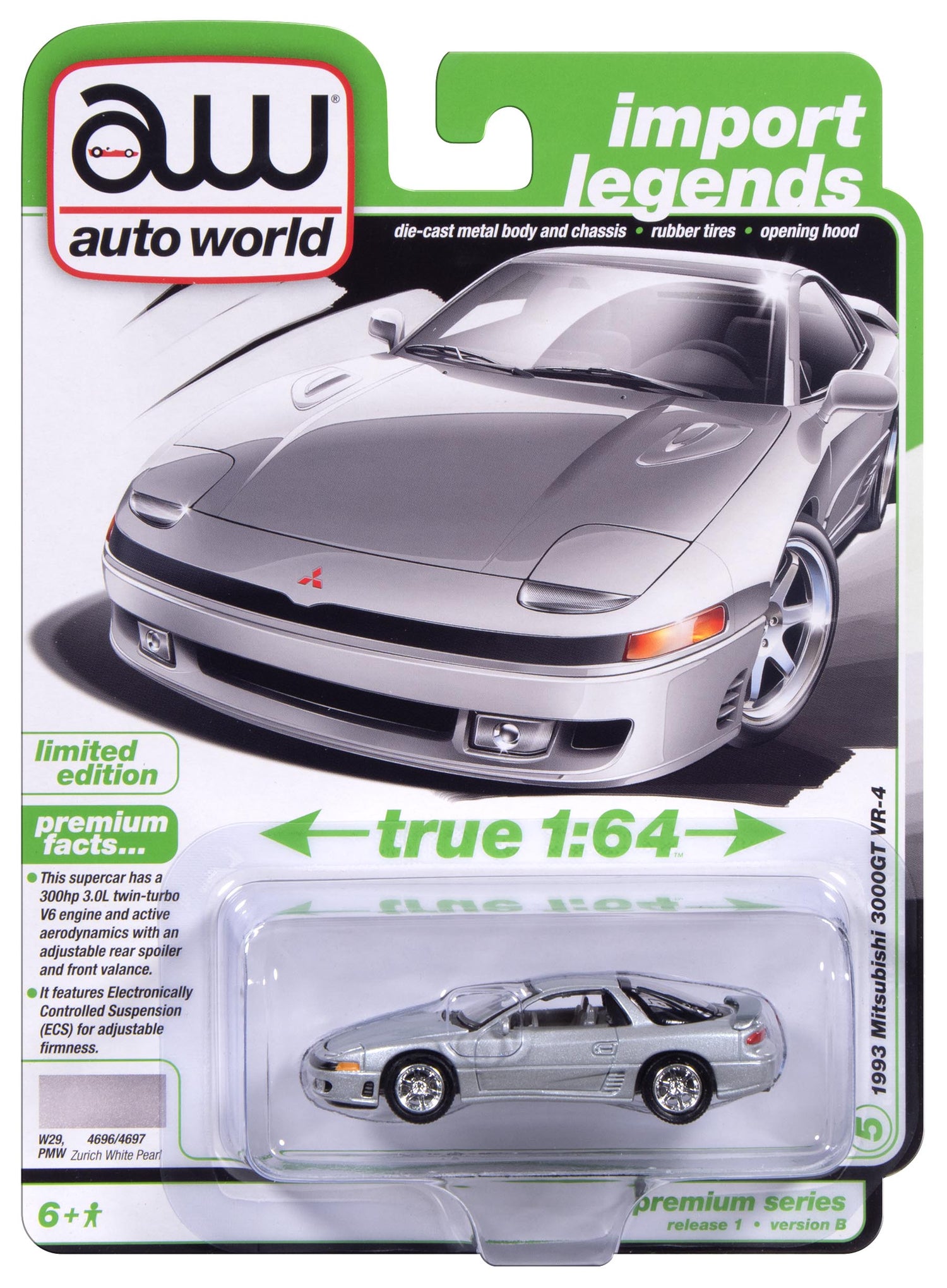 Auto World 1993 Mitsubishi 3000GT VR-4 (Zurich White Pearl) 1:64 Diecast