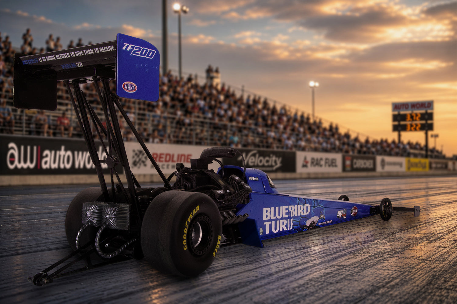 "PRE-ORDER" Auto World NHRA 2026 Will Smith Bluebird Turf SCAG Top Fuel Dragster 1:24 Scale Diecast (DUE OCTOBER 2026)