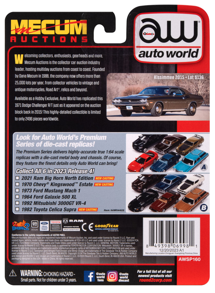 Auto World Mecum 1971 Dodge Challenger R/T (Dark Gold Metallic w/Gold Vinyl Roof) 1:64 Diecast