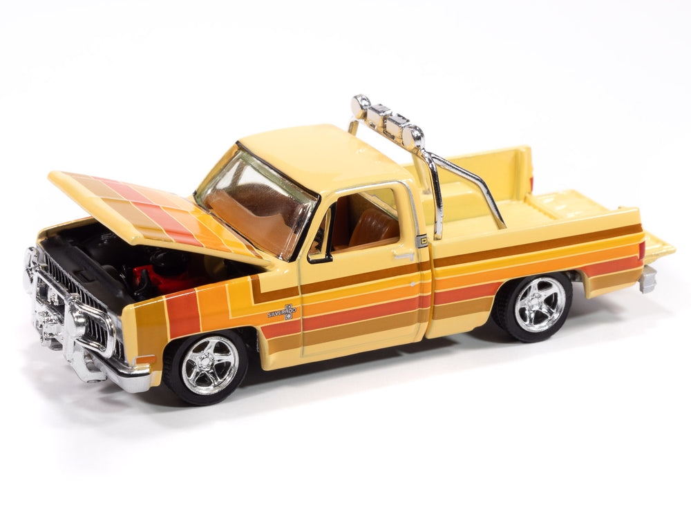 "PRE-ORDER" Auto World 1981 Chevy Silverado Fleetside Lowered (Custom Cream w/5-Color Stripe Graphics) 1:64 Diecast (DUE AUGUST 2025)
