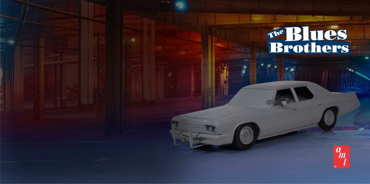 AMT Bluesmobile 1:25 model kit mockup with The Blues Brothers and AMT logos