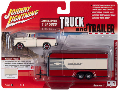 Johnny Lightning 1955 Chevy Cameo (Ivory) w/Enclosed Car Trailer 1:64 Diecast