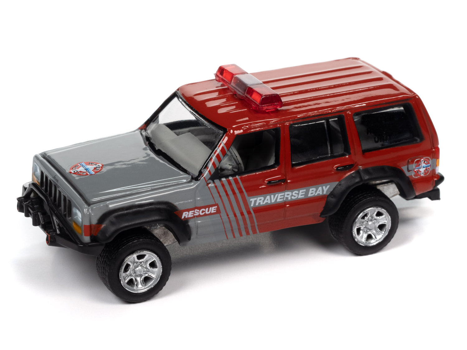 Johnny Lightning 1988 Jeep Cherokee (Flame Red) w/Mastercraft Boat & Light Bar 1:64 Diecast