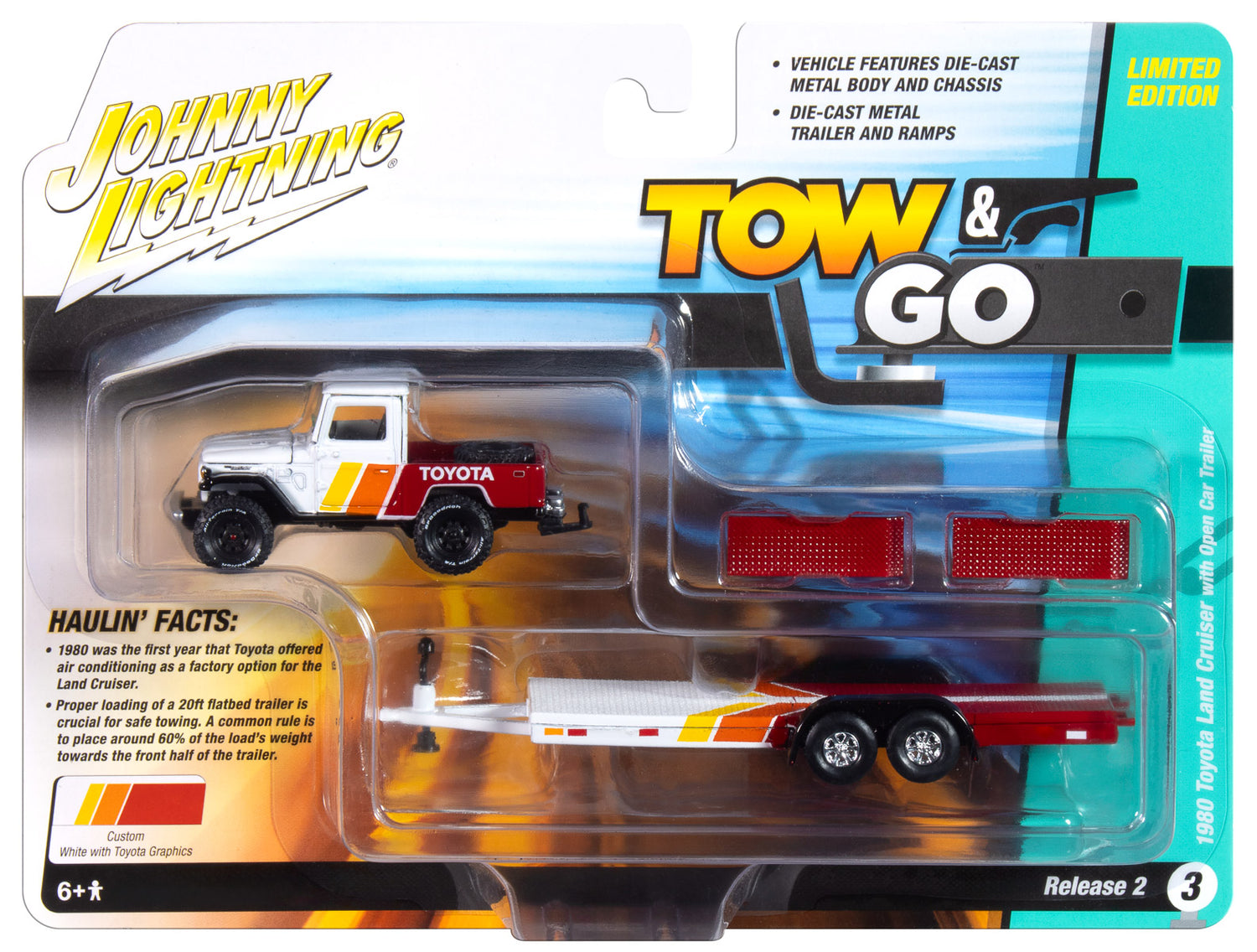 Johnny Lightning 1980 Toyota Land Cruiser w/Open Car Trailer 1:64 Diecast