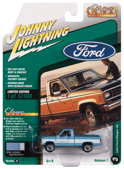 Johnny Lightning Classic Gold 1984 Ford Ranger (Light Blue w/ White Sides) 1:64 Scale Diecast
