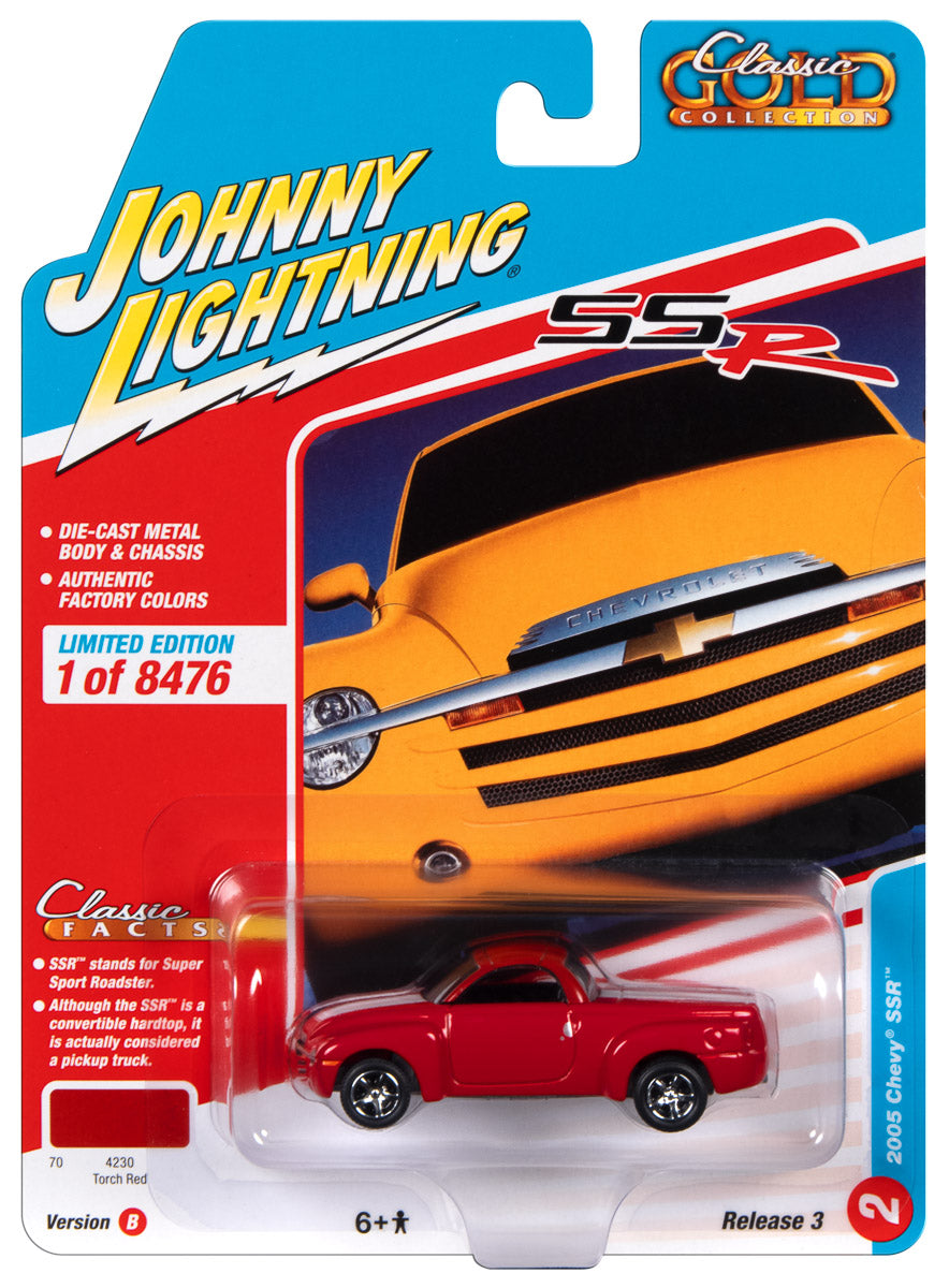 Johnny Lightning Classic Gold 2005 Chevrolet SSR (Torch Red w/White SS Stripes) 1:64 Scale Diecast