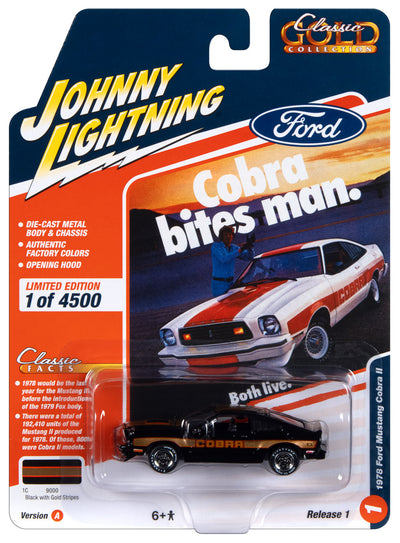 Johnny Lightning Classic Gold 1978 Ford Mustang Cobra II (Gloss Black w/Gold Stripes) 1:64 Scale Diecast