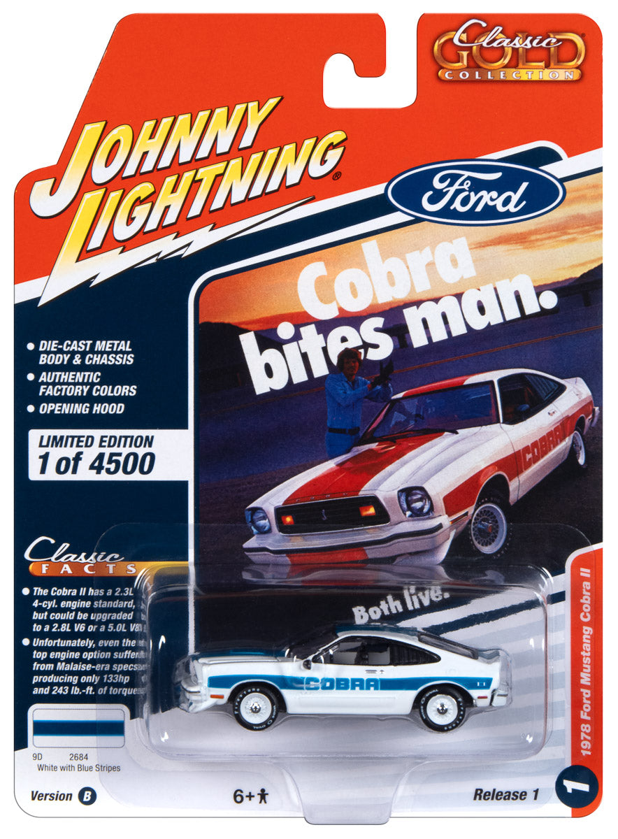 Johnny Lightning Classic Gold 1978 Ford Mustang Cobra II (Gloss White w/Blue Stripes) 1:64 Scale Diecast