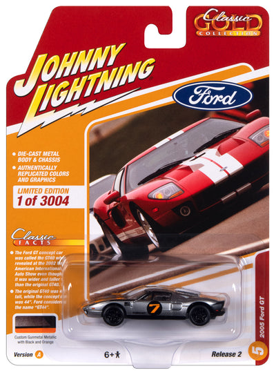 Johnny Lightning Classic Gold 2005 Ford GT (Gunmetal w/Orange & Flat Black) 1:64 Scale Diecast