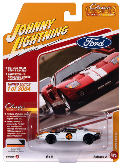Johnny Lightning Classic Gold 2005 Ford GT (White w/ Orange & Flat Black) 1:64 Scale Diecast
