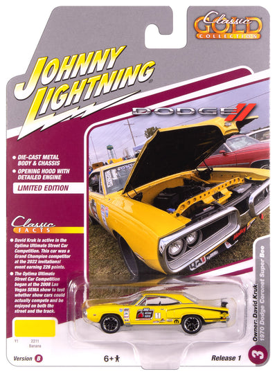 "PRE-ORDER" Johnny Lightning Classic Gold 1970 Dodge Super Bee (Banana w/Optima Ultimate Street Car Race Graphics & Black) 1:64 Scale Diecast (DUE OCTOBER 2025)