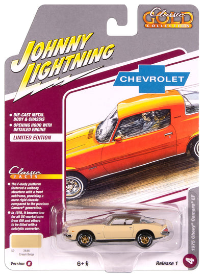 "PRE-ORDER" Johnny Lightning Classic Gold 1975 Chevy Camaro (Cream Beige w/Brown Roof) 1:64 Scale Diecast (DUE OCTOBER 2025)