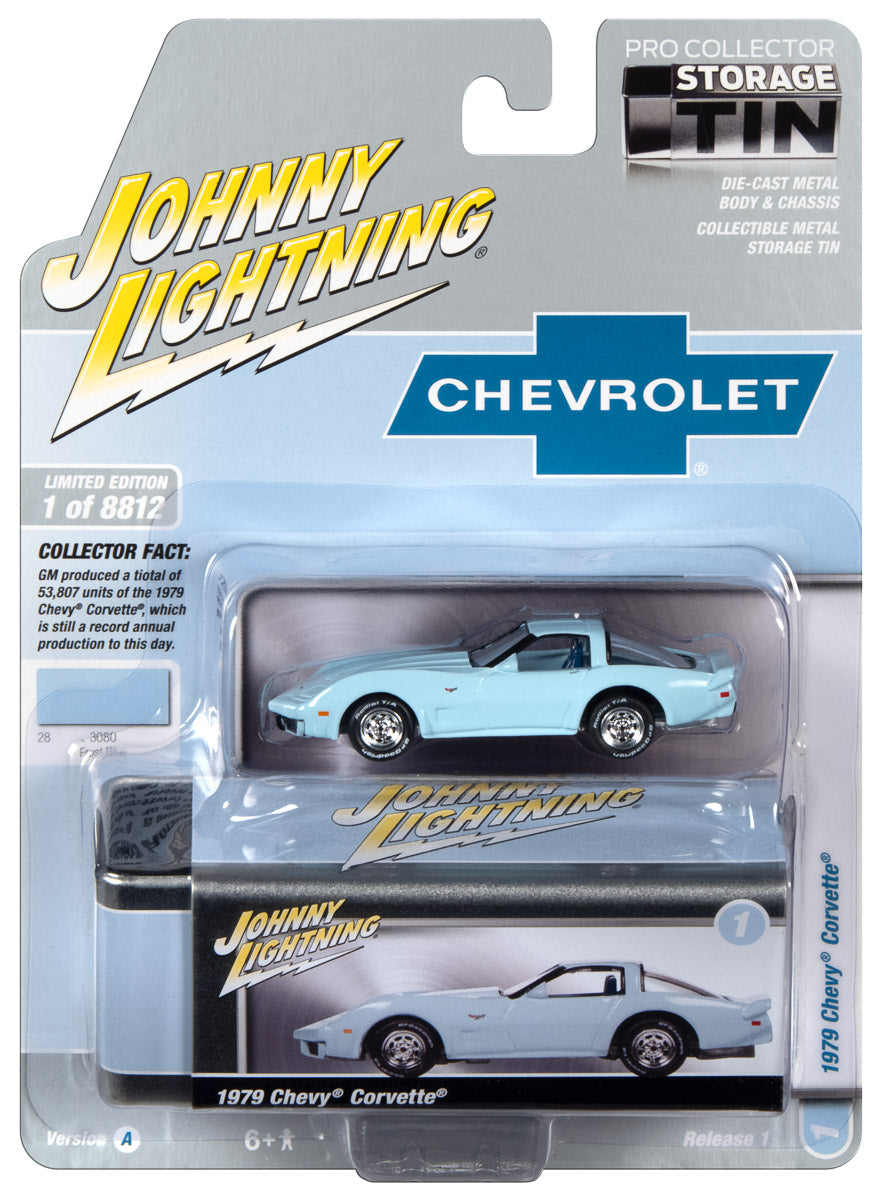 Johnny Lightning 1979 Chevrolet Corvette (Frost Blue) with Collector Tin 1:64 Diecast