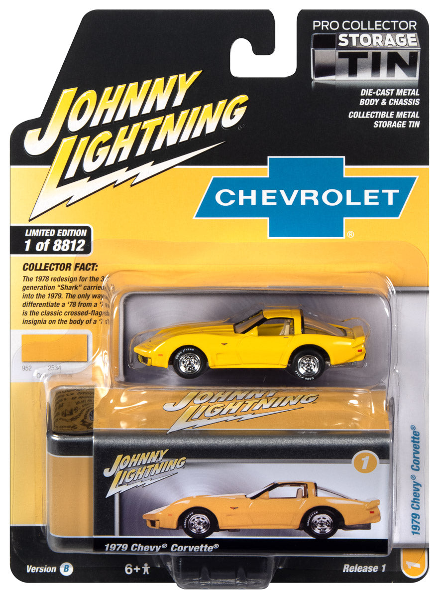 Johnny Lightning 1979 Chevrolet Corvette (Corvette Yellow) with Collector Tin 1:64 Diecast