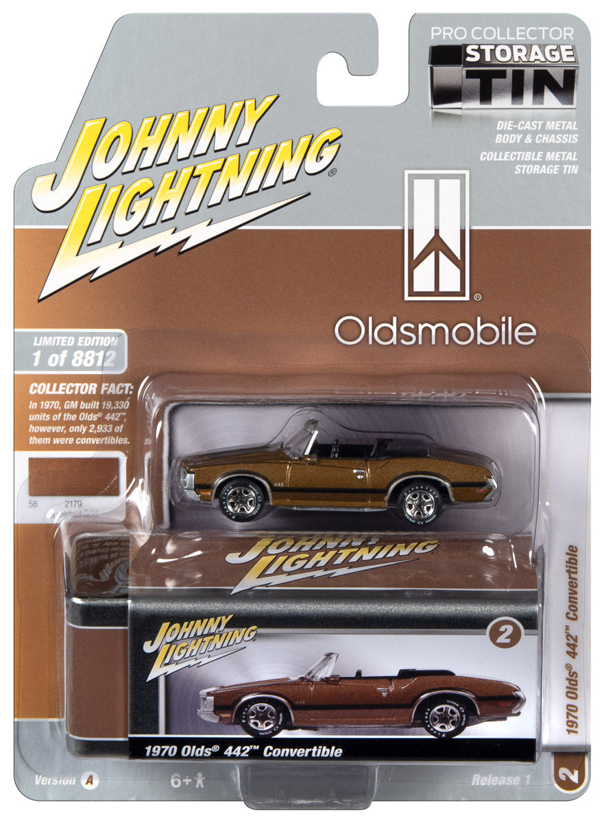 Johnny Lightning 1970 Oldsmobile 442 Convertible (Autumn Gold) with Collector Tin 1:64 Diecast