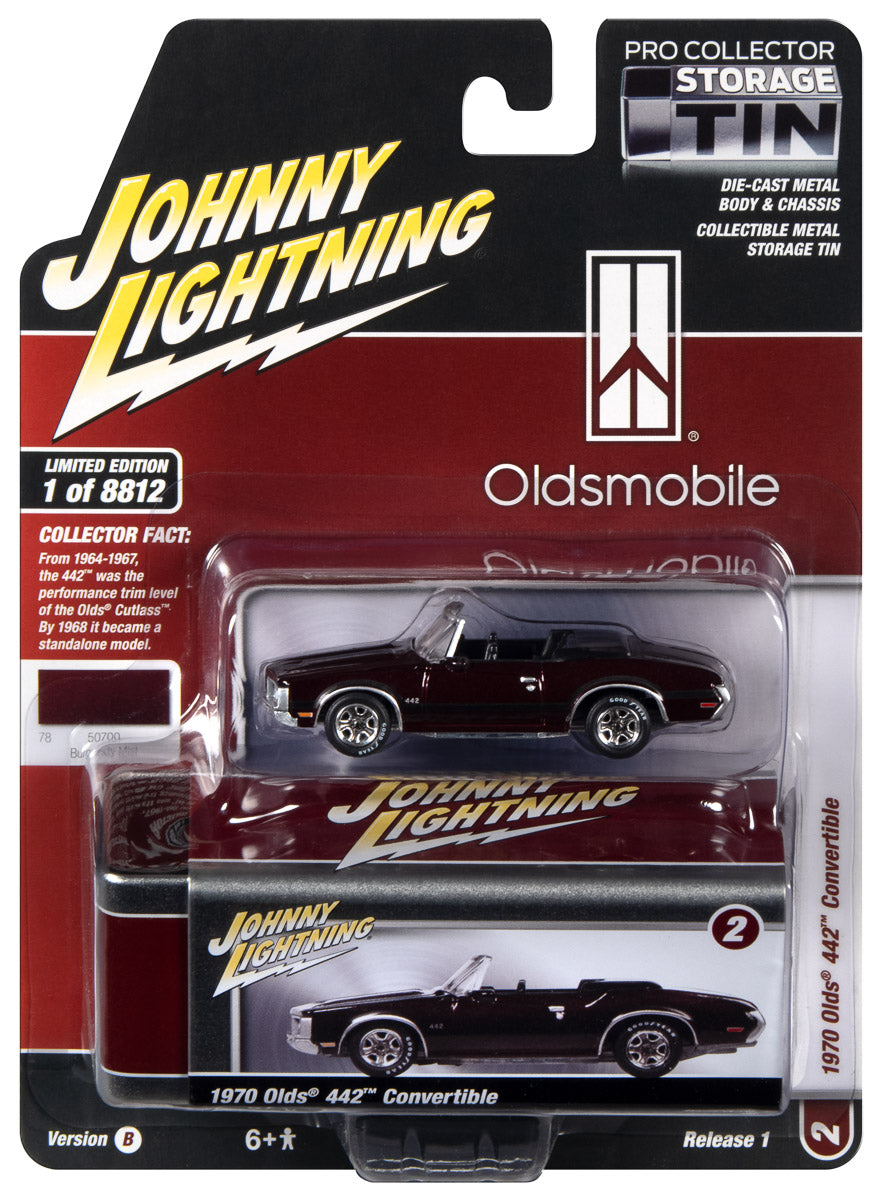 Johnny Lightning 1970 Oldsmobile 442 Convertible (Burgundy Mist) with Collector Tin 1:64 Diecast
