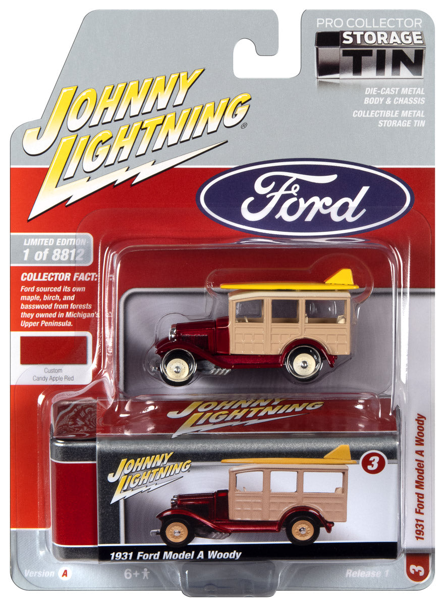 Johnny Lightning 1931 Ford Model A Woody (Candy Apple Red) with Collector Tin 1:64 Diecast