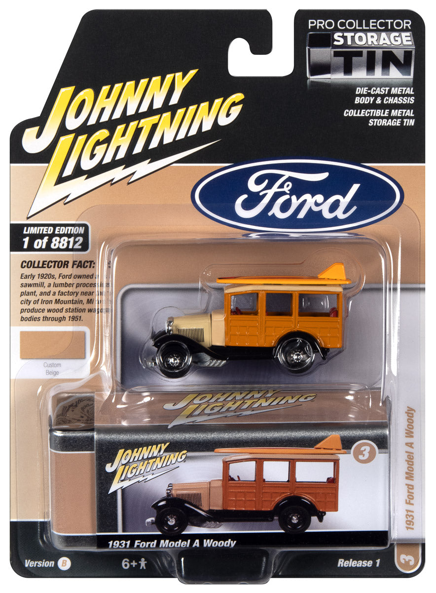 Johnny Lightning 1931 Ford Model A Woody (Beige) with Collector Tin 1:64 Diecast