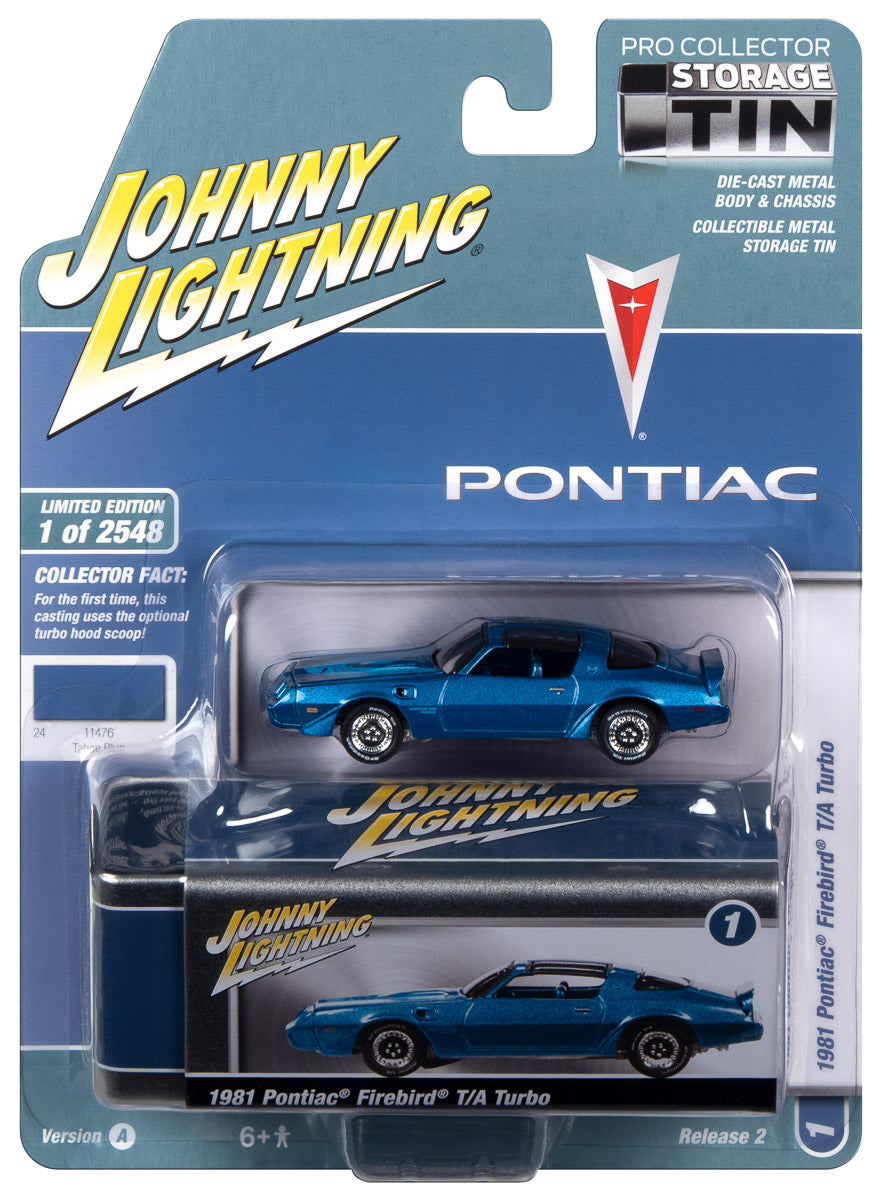 Johnny Lightning 1981 Pontiac Firebird T/A Turbo (Tahoe Blue w/ Turbo 4.9 Firebird Graphics) with Collector Tin 1:64 Diecast