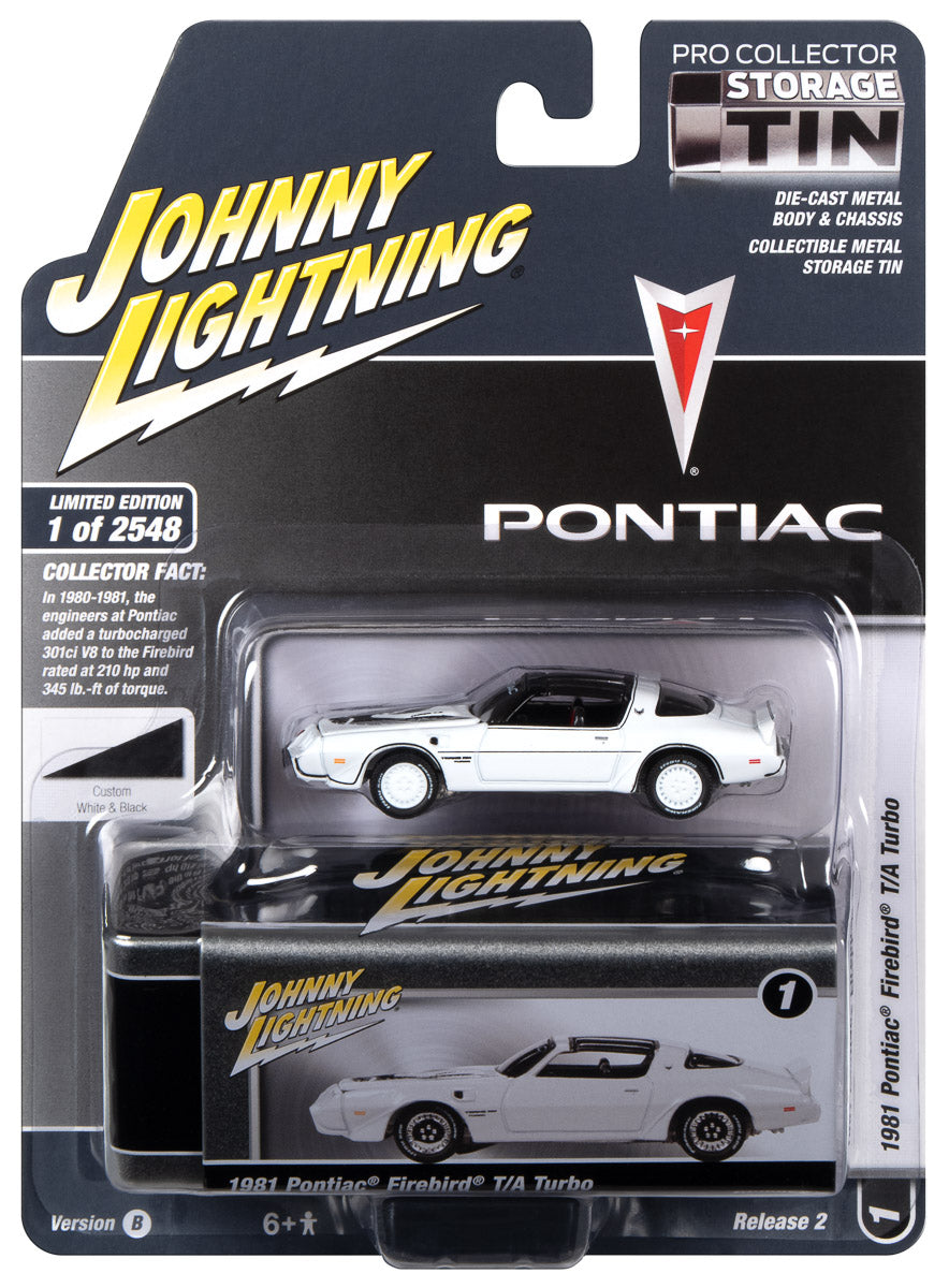 Johnny Lightning 1981 Pontiac Firebird T/A Turbo (Gloss White w/ Turbo 4.9 Firebird Graphics) with Collector Tin 1:64 Diecast
