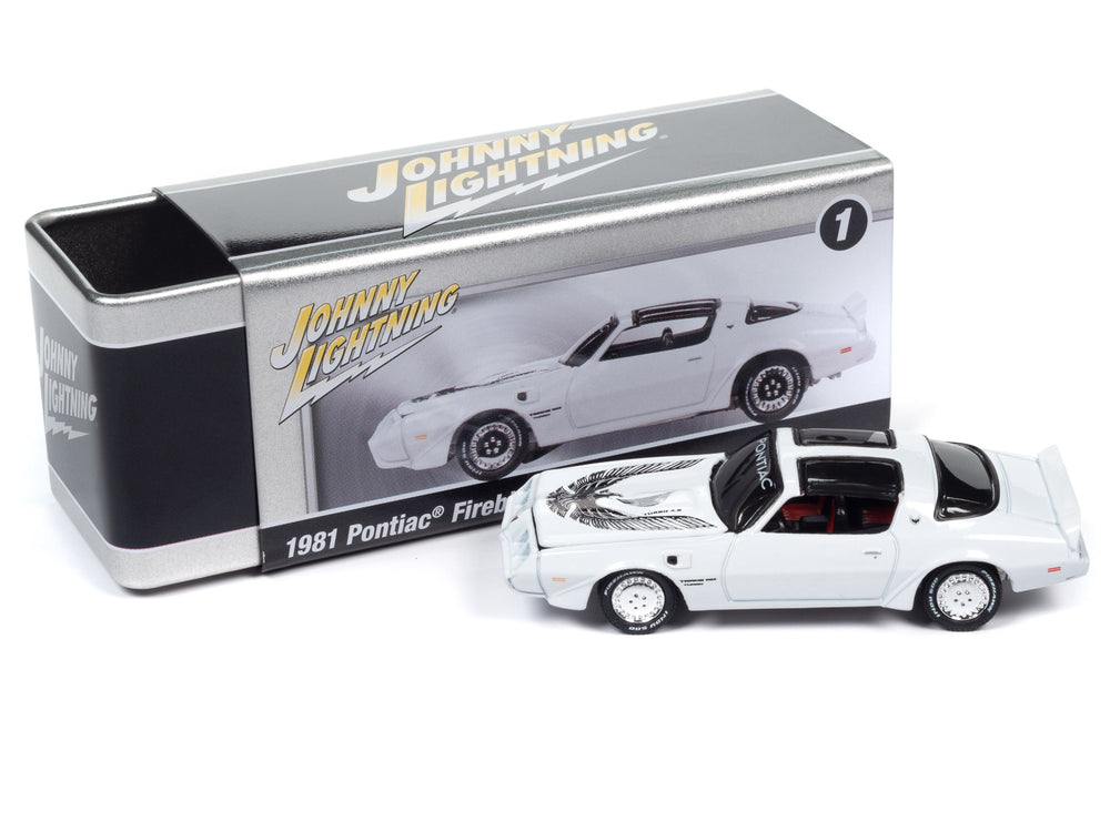 Johnny Lightning 1981 Pontiac Firebird T/A Turbo (Gloss White w/ Turbo 4.9 Firebird Graphics) with Collector Tin 1:64 Diecast