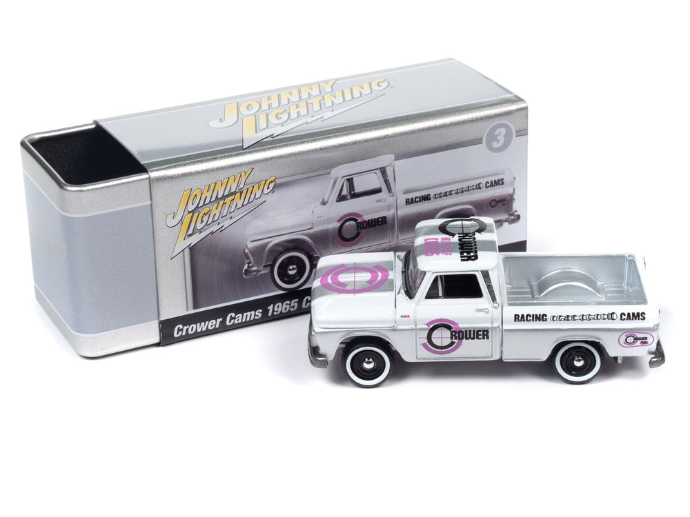Johnny Lightning Crower Cams - 1965 Chevy Truck (White & Silver w/ Crower Racing Cams Graphics) with Collector Tin 1:64 Diecast