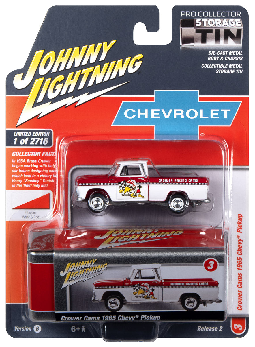 Johnny Lightning Crower Cams - 1965 Chevy Truck (White & Red w/ Crower Racing Cams Graphics) with Collector Tin 1:64 Diecast