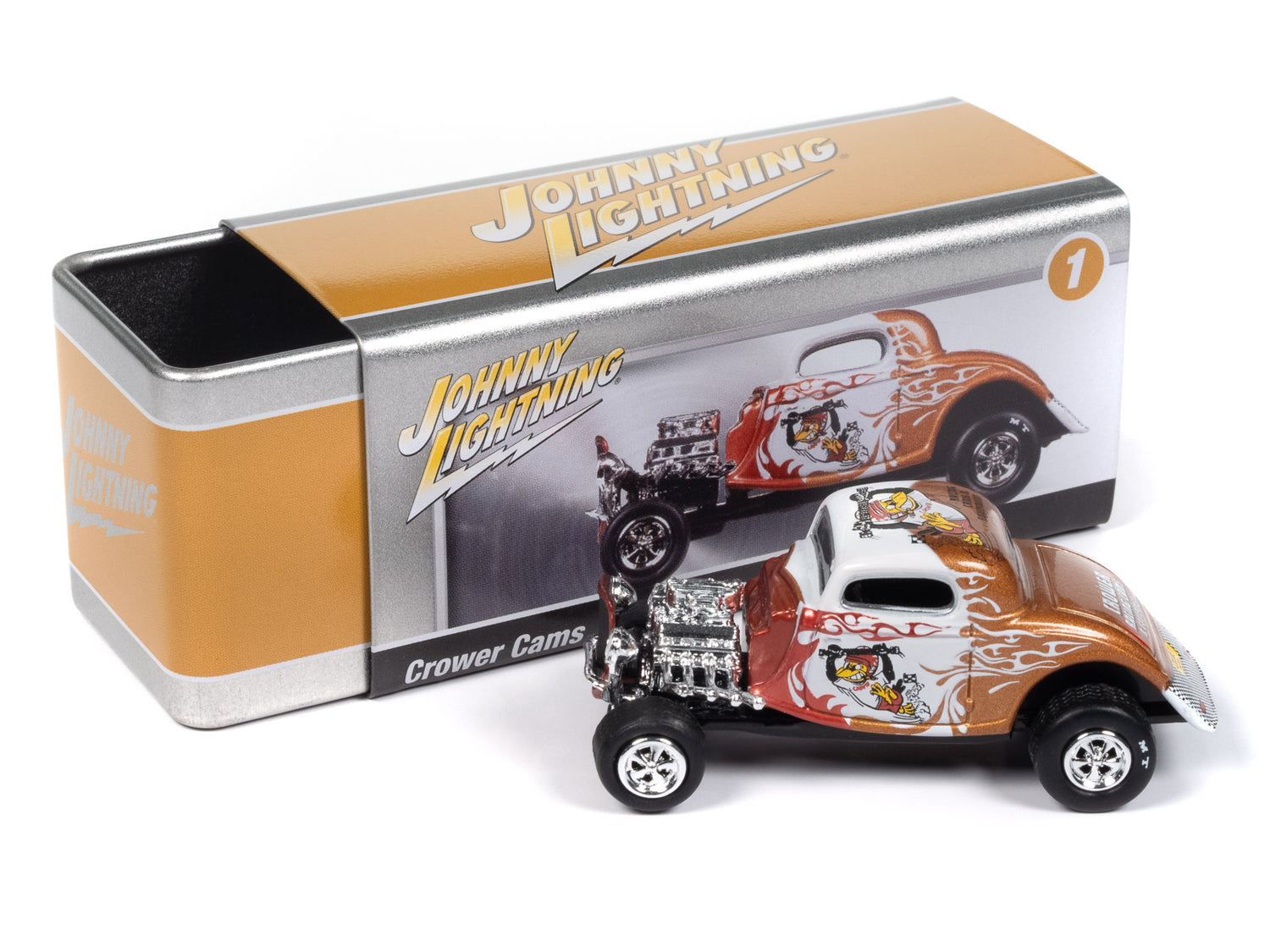 Johnny Lightning 1934 Ford Coupe Crower Cams (Gold, White & Red) with Collector Tin 1:64 Diecast