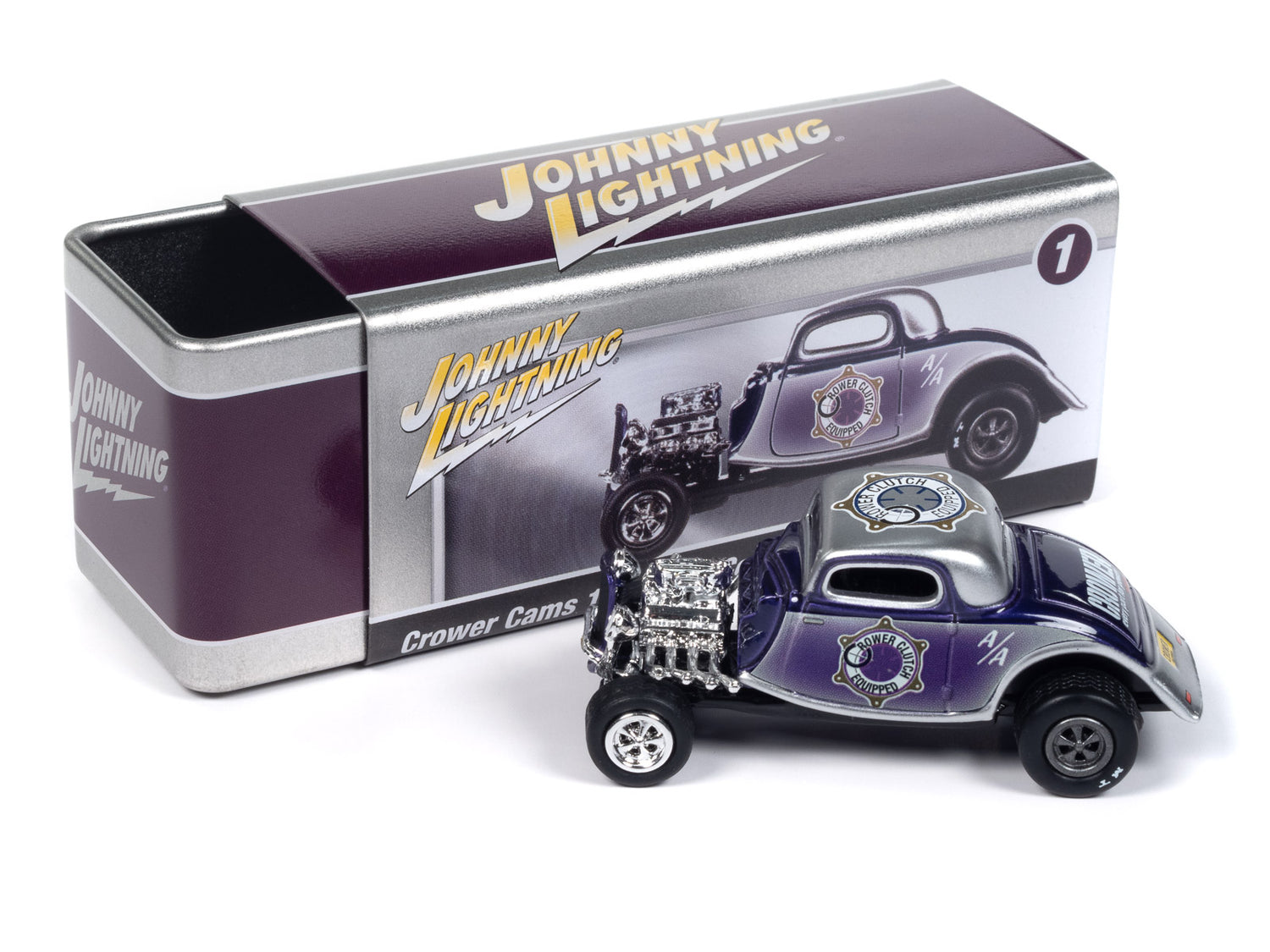 Johnny Lightning 1934 Ford Coupe Crower Cams (Purple & Silver) with Collector Tin 1:64 Diecast