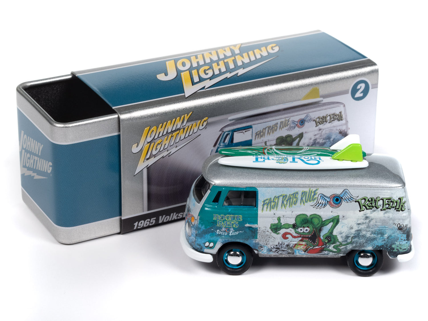 Johnny Lightning 1965 VW Type II Transporter Rat Fink (Silver & Dark Aqua) with Collector Tin 1:64 Diecast