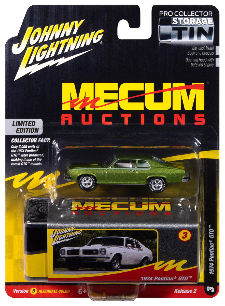 Johnny Lightning 1974 Pontiac GTO (Limefire Green w/Green Stripes) with Collector Tin 1:64 Diecast