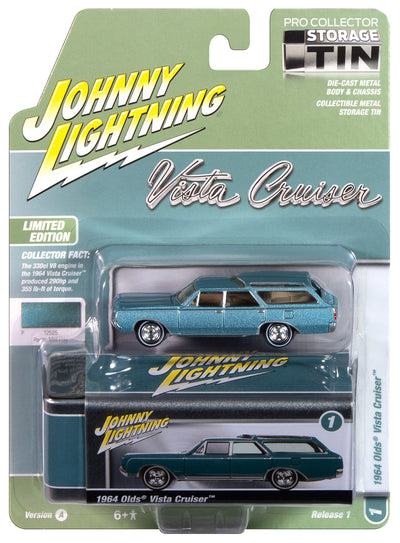Johnny Lightning 1964 Olds Vista Cruiser (Pacific Mist Poly) with Collector Tin 1:64 Diecast